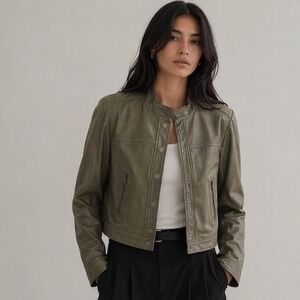 BCBG MAX AZRIA Women‎ Medium 100% Leather Moto Biker Jacket Lead structured